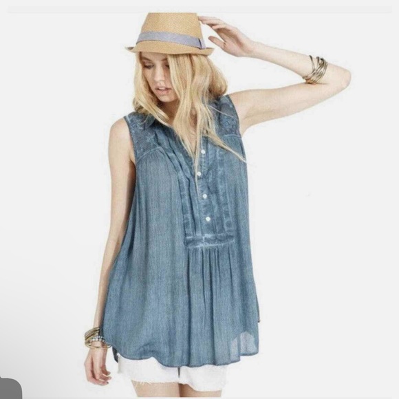 Free People Tops - Free People Oversized Gauze Linen Flowy Collared Tank Top Washed Blue M